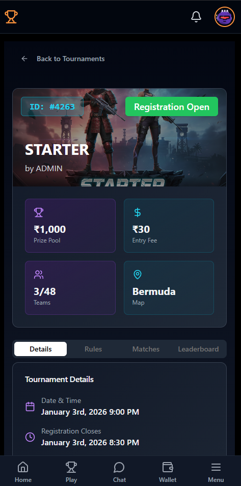 BattleHubFF tournament dashboard showing Free Fire esports matches, player slots, and online competition system